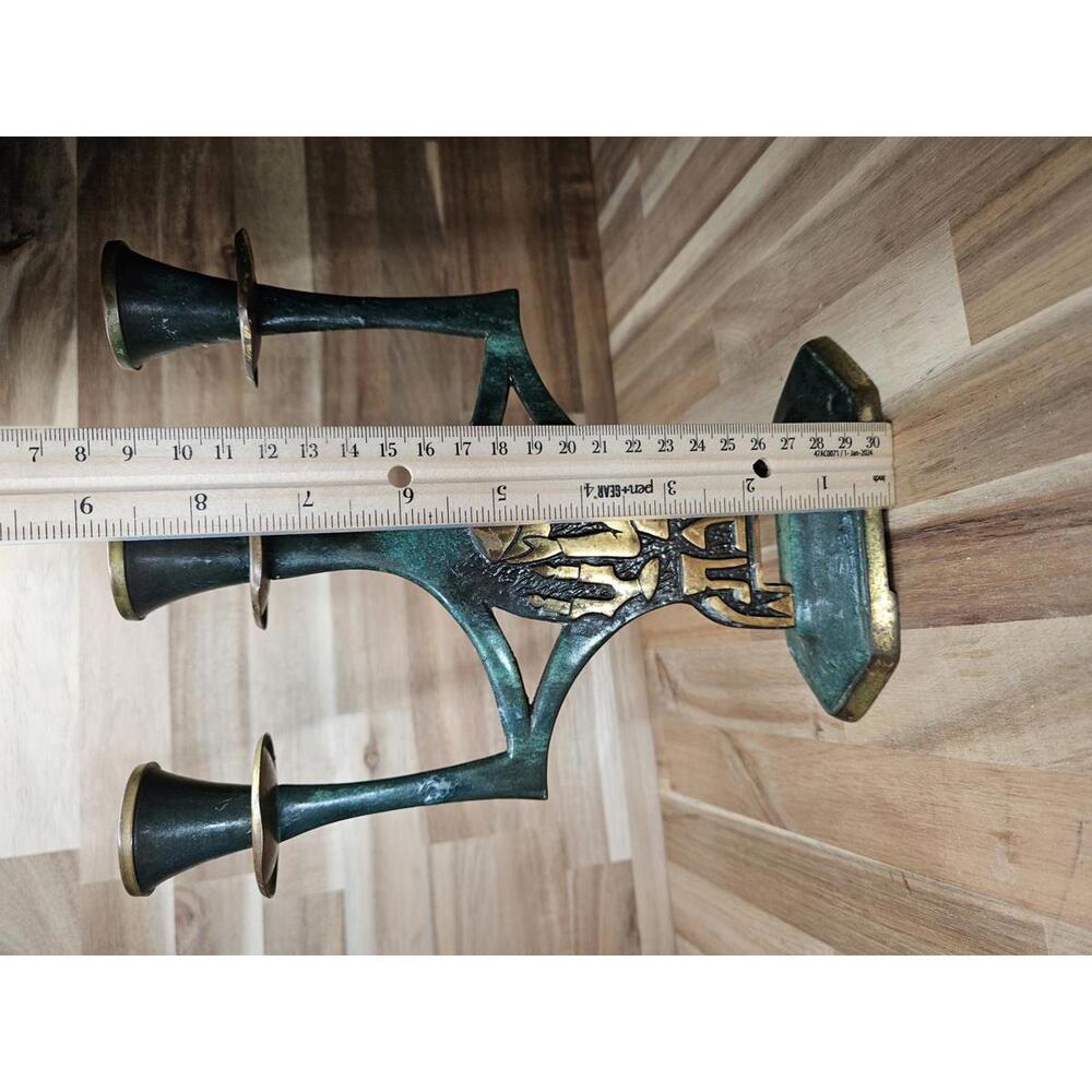 Vintage Mid-Century Modern Israeli Brutalist 3-Cup Candelabra Verdigris Brass - Picture 5 of 14